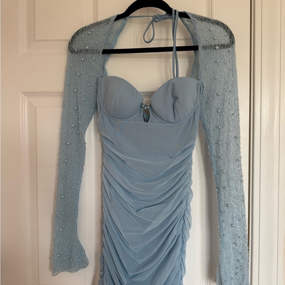 Oh Polly Sky Blue Ruched Mini Dress
